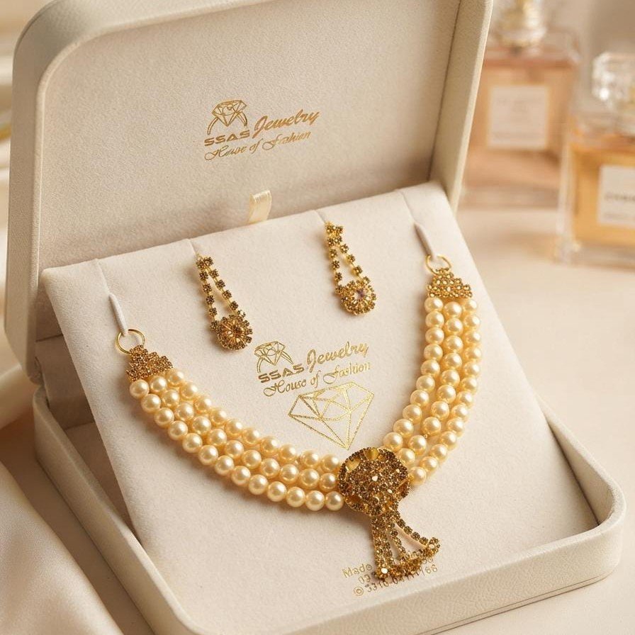 SSAS Jewelry House of Fashion | 3-Layer Pearl Choker Necklace Set with Gold Pendant & Drop Earrings | Cream Pearl Necklace for Weddings & Formal Wear